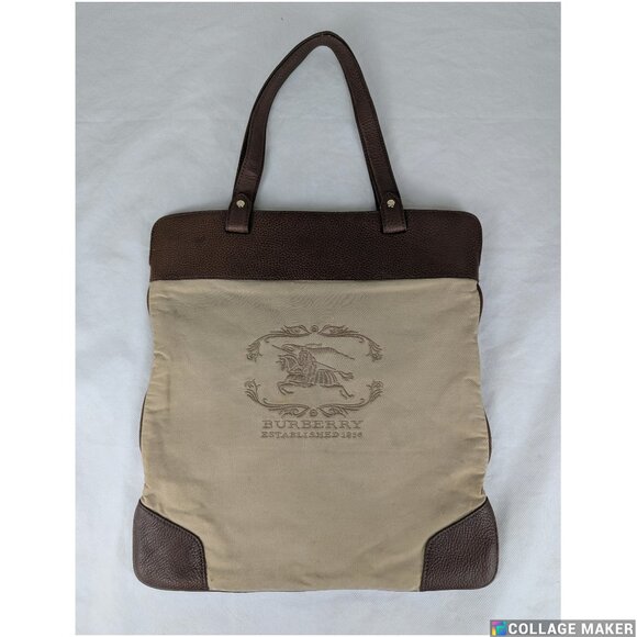 Authentic BURBERRY Beige Embroidered Tote Bag Brown Leather Canvas Logo Large - Picture 1 of 10